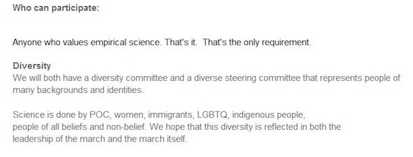 Screenshot of Diversity Statement that says: "Diversity. We will have a diversity committee and a diverse steering committee that represents peopel of many backgrounds and identities. Science is done by POC, women, immigrants, LGBTQ, indigenous people [sic], people of all beliefs and non-belief. We hope that this diversity is reflected in both the leadership of the march and the march itself"