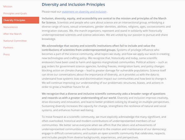 Final revised diversity statement reads, in part: Inclusion, diversity, equity, and accessibility are central to the mission and principles of the March for Science."